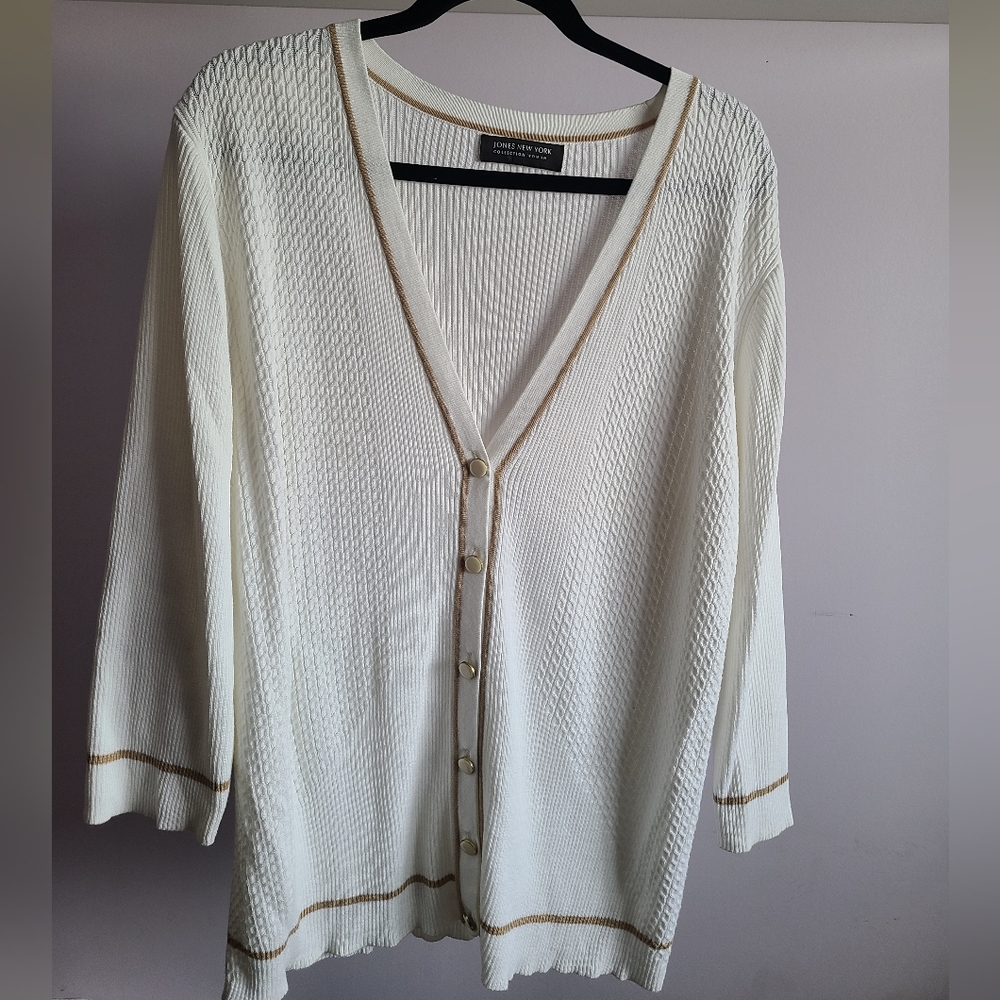Jones New York White Cardigan with Gold Trim